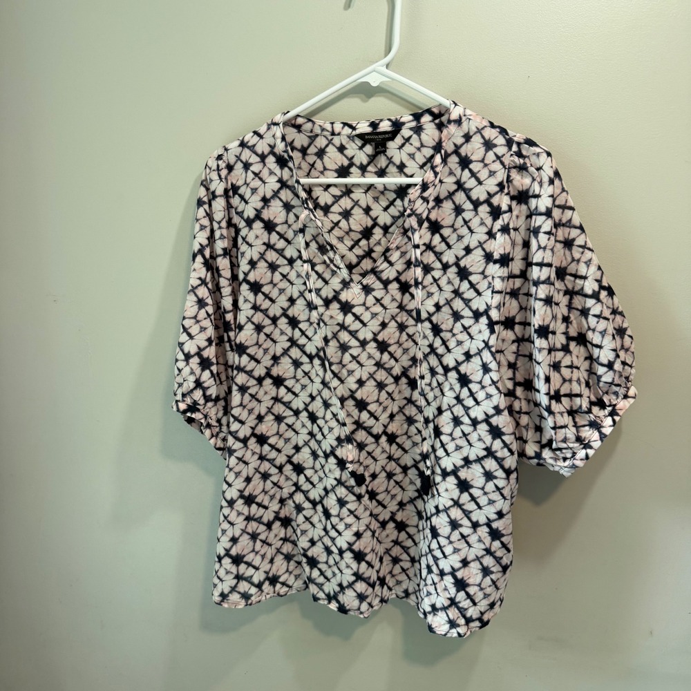 Banana Republic Tie Dye Puff Sleeve Cotton Blouse Navy Pink‎ Large Tassel Top